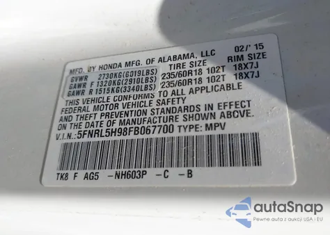 2015 Honda Odyssey Touring/Touring Elite z USA, uszkodzony, nr VIN 5FNRL5H98FB067700